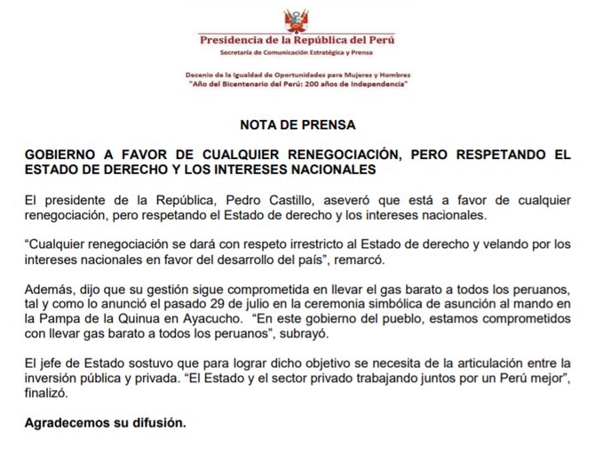 LaSalitadelSin's tweet photo. #LOÚLTIMO 🚨 | Presidente Pedro Castillo DESAUTORIZA al premier Guido Bellido sobre su amenaza de nacionalizar el yacimiento del Gas de Camisea.

@lamula https://t.co/JPGRyl6uCH