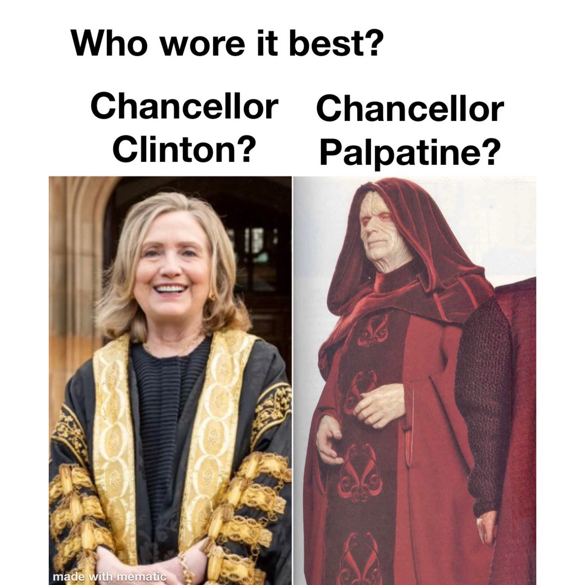 BigRedforAmeri1's tweet photo. Who wore it best? 

#MEMES #meme #HillaryClinton #StarWars #prageru #pragerforce #Conservative #Conservatives #liberal https://t.co/HnMSPavsLo