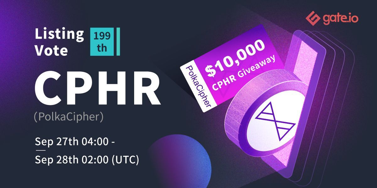 Gate's tweet photo. 🖧 https://t.co/8kWqgDWNXb 199th Listing Vote: #CPHR 🖧 @polkacipher 

Time: Sep 27th, 4:00 - Sep 28th, 2:00 UTC

🥂Vote for $CPHR to share $5K
🥂$3K rewards for top 600 depositors
🥂$800 rewards for $CPHR #giveaway 

Vote: https://t.co/QqWbGGmBVU
Details: https://t.co/t4Wez7MFlP https://t.co/hexwrepOOA