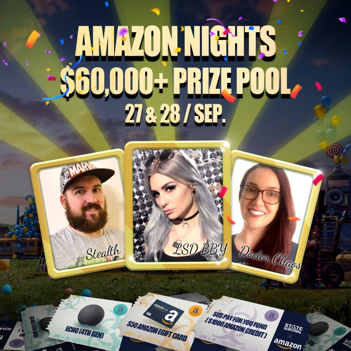 Starscapelive's tweet photo. Amazon Nights are happening in @state_survival with Starscape streamers on September 27th &amp; 28th! 
1st Stream: 27th, 3pm to 6pm EDT
2nd Stream: 27th, 9pm to 0am EDT
3rd Stream: 28th, 0am to 3am EDT
Come and join the party for the prize draw in SoS in-game stream for giveaways! https://t.co/Hjp8uoH0M0