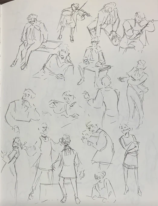 also here's some drawing hw from the past two weeks 
mostly park sketches but two pages are just me watching musicals 