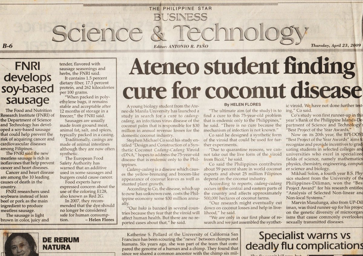 stephen_co's tweet photo. While spring cleaning over the weekend, I came across this @PhilstarNews feature of my @ateneodemanilau undergrad thesis back in 2009. Sadly I've long left the molecular biology lab. 🔬 https://t.co/I1FS36Lx5q