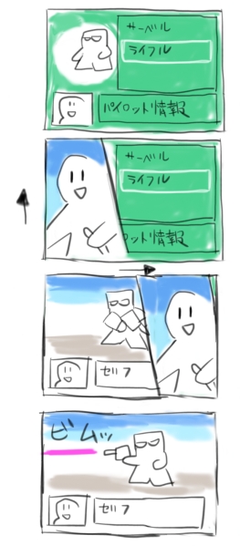 スパロボの戦闘アニメを短くする妄想。仮にアニメのプリロード時間が要るなら、データ軽そう?な止め絵のカットインを利用して、武器選択画面から戦闘画面へ移行する時間を稼いで、さらに戦闘時間が短い印象にならないかな?という。 