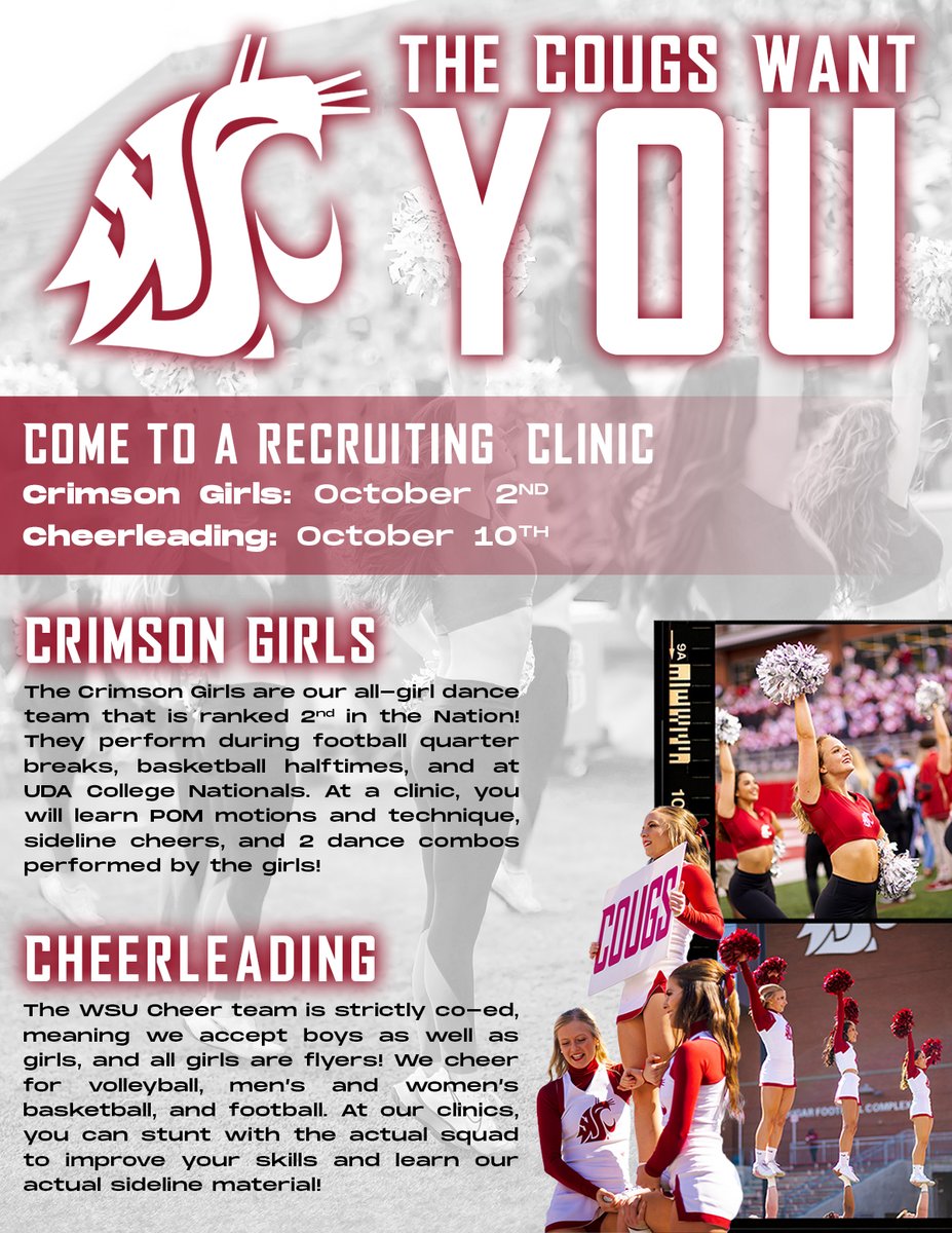 IretaCOM210's tweet photo. Start your recruiting process for the Washington state Spirit Squads today! All genders of perspective recruits are welcome to join either squad! 

Contact Kaila Evenoff (Director of Spirit): kevenoff@wsu.edu 

#CougsCancelCovid #GoCougs #MurrowUGLife #com210 #promo #wsuspirit https://t.co/CXvbVDTG1z