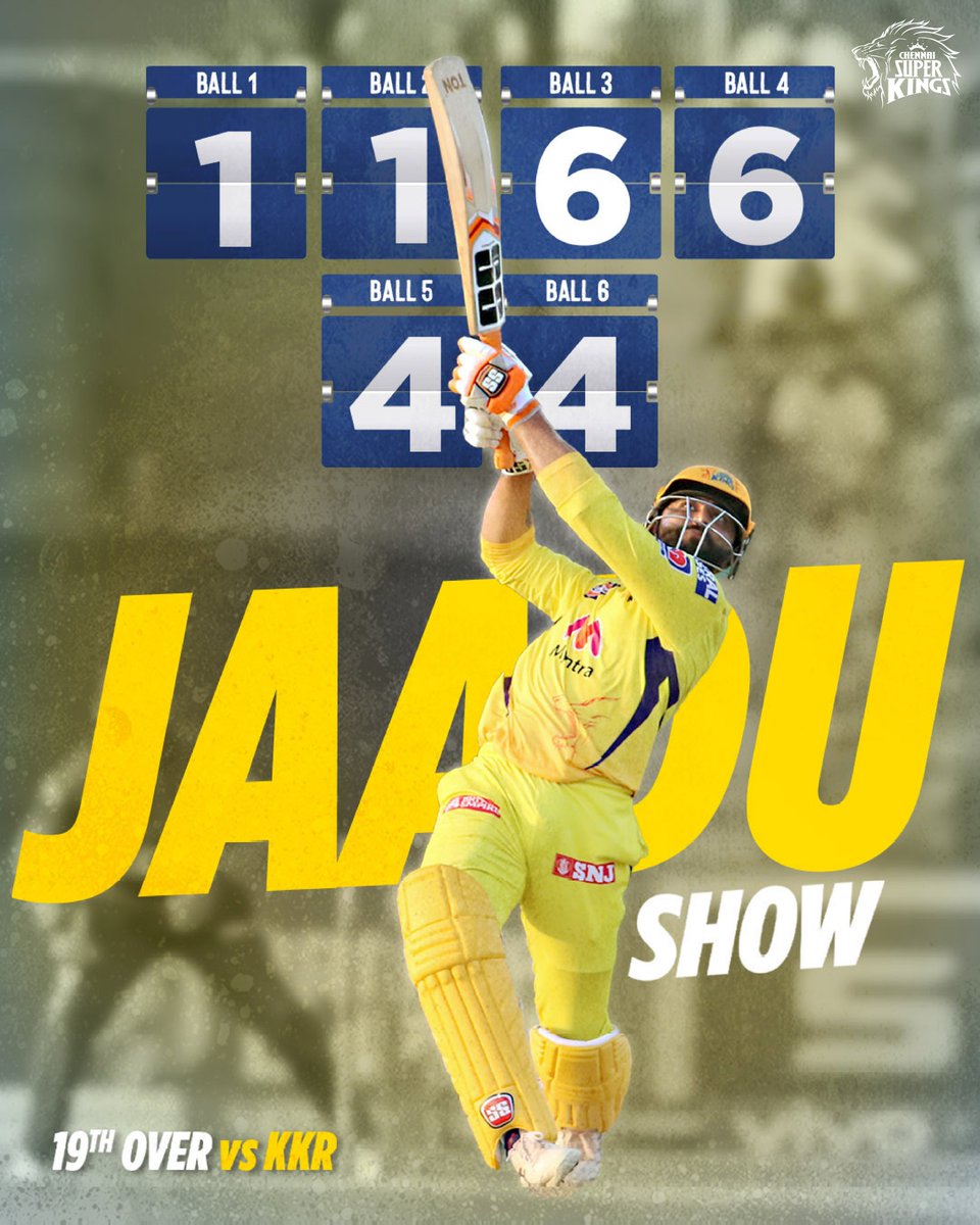ChennaiIPL's tweet photo. Last night's 🪄

Reminisce it in 8⃣ words...GO! 

#CSKvKKR #WhistlePodu #Yellove @imjadeja https://t.co/2H3rKx72tc