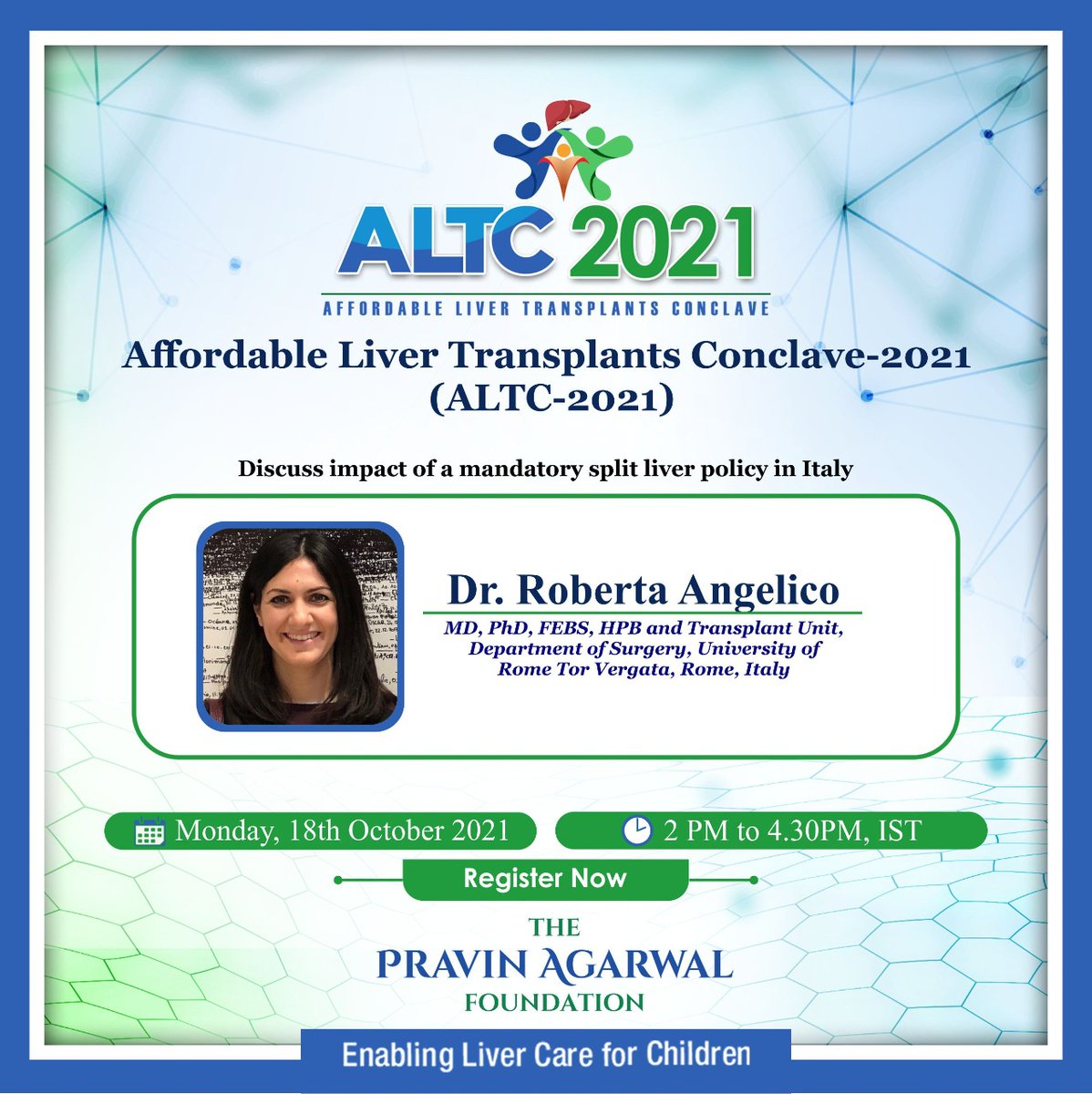 TpafMumbai's tweet image. Join us for the Annual Liver Transplant Conclave with Dr. Roberta Angelico to discuss the Impact of Mandatory Split Liver Policy in Italy.
@rangelico85

Register for free from the link below- tpaf.in/altc-2021/

#ALTC2021 #AffordableLiverTransplantsConclave2021 #TPAF