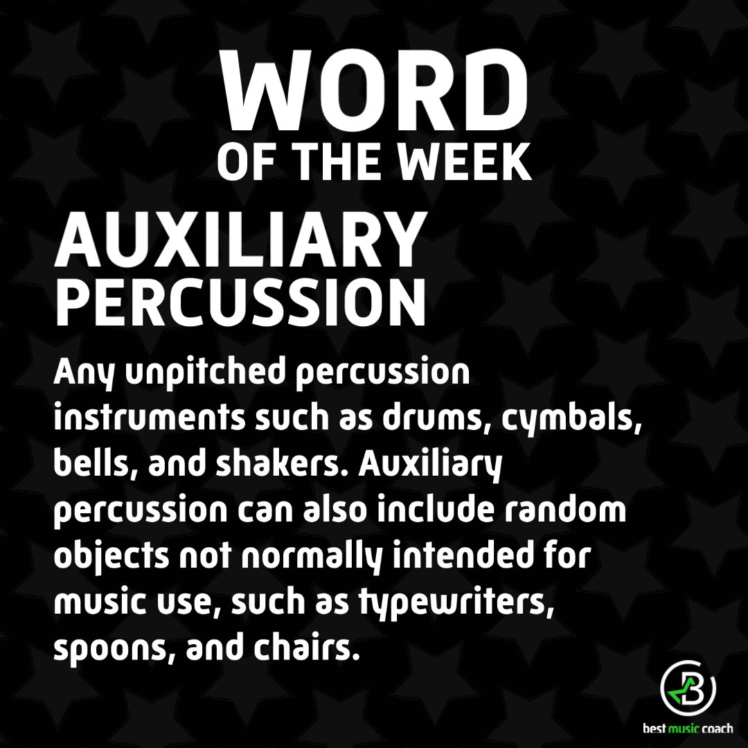 Vgmcomposer's tweet photo. Auxiliary Percussion. Any unpitched percussion instruments such as drums, cymbals, bells, and shakers. Auxiliary percussion can also include random objects not normally intended for music use, such as typewriters, spoons, and chairs. https://t.co/VIHu8WVLkI