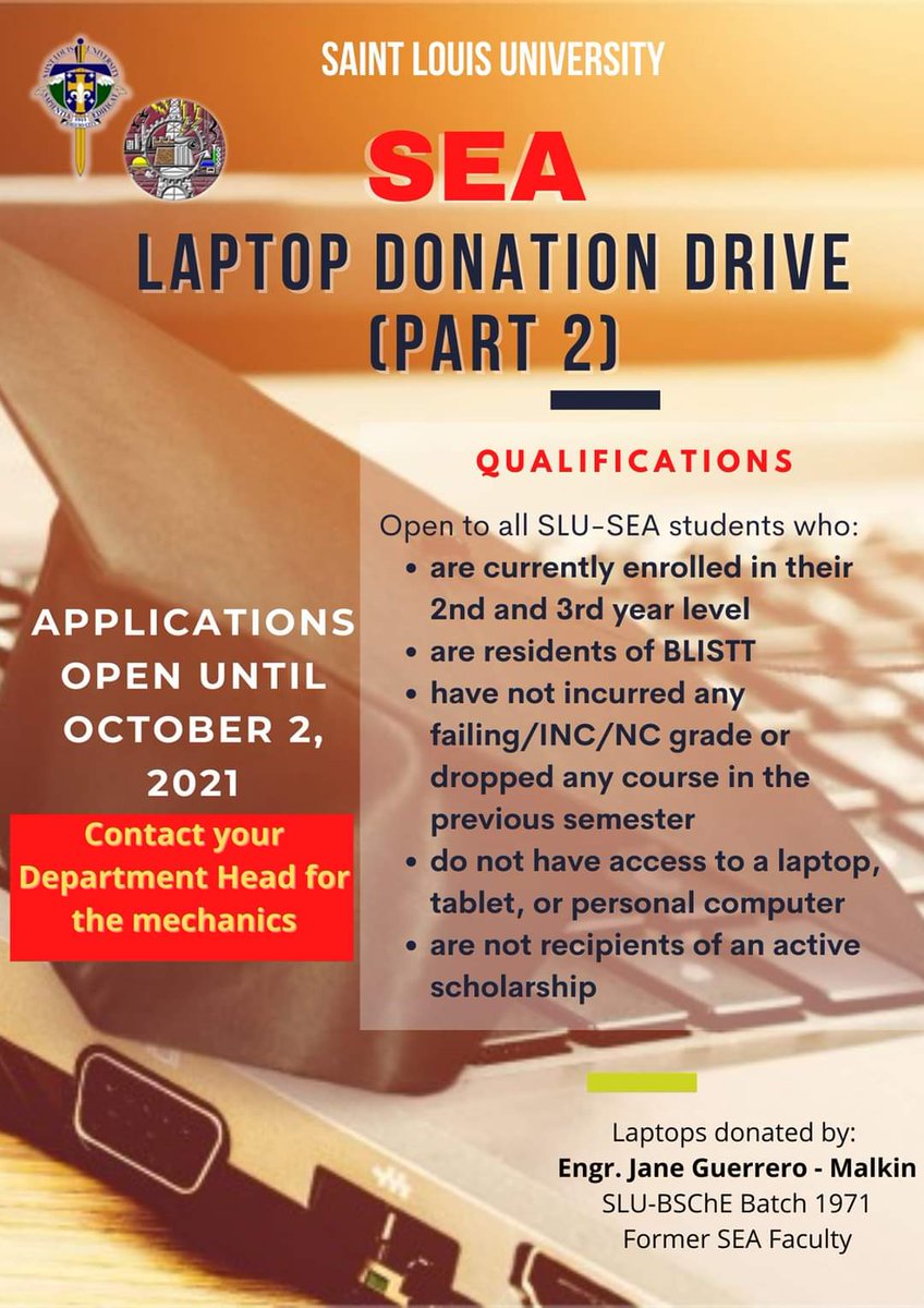 JslucPiche's tweet photo. Requirements for entry: Copy of grades (last 2 semesters), 2x2 picture, 150 to 200-word essay why you deserve to receive a laptop.
Please send the pertinent requirements to che_em_dh@slu.edu.ph.

Kindly review the material to know more about eligibility. https://t.co/qszpQo8sq1