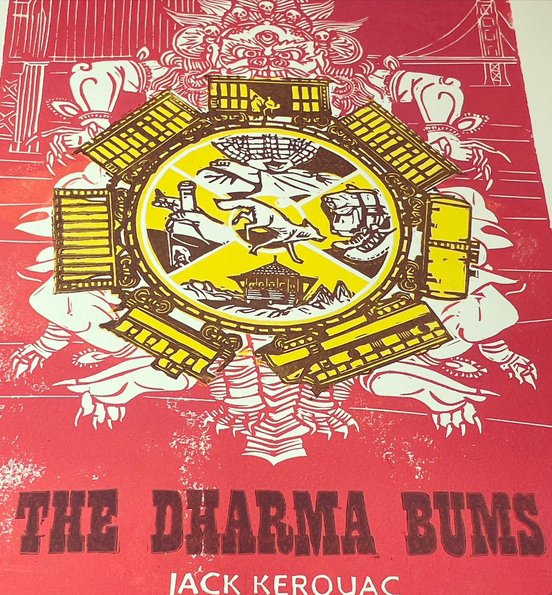 GatelessStudio's tweet image. It&apos;s been a full weekend of printing as I wrap up this month&apos;s focus on the novel The Dharma Bums by Jack Kerouac. Those at the seasonal tier will be receiving this exploration of an alternative book cover, completed as a three-color linoleum block print. 
#thedharmabums