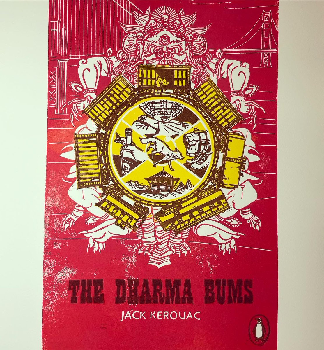 GatelessStudio's tweet image. It&apos;s been a full weekend of printing as I wrap up this month&apos;s focus on the novel The Dharma Bums by Jack Kerouac. Those at the seasonal tier will be receiving this exploration of an alternative book cover, completed as a three-color linoleum block print. 
#thedharmabums