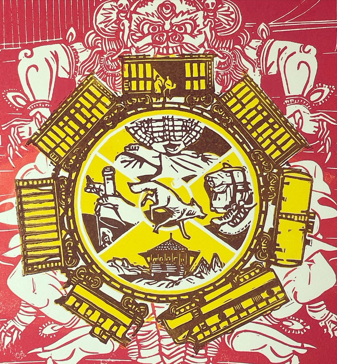 GatelessStudio's tweet image. It&apos;s been a full weekend of printing as I wrap up this month&apos;s focus on the novel The Dharma Bums by Jack Kerouac. Those at the seasonal tier will be receiving this exploration of an alternative book cover, completed as a three-color linoleum block print. 
#thedharmabums