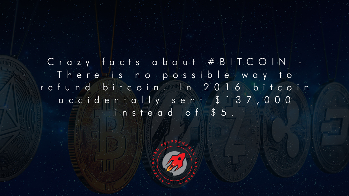APPcrypto_'s tweet photo. Crazy facts about #BITCOIN - There is no possible way to refund bitcoin. In 2016 bitcoin accidentally sent $137,000 instead of $5. https://t.co/nIFrGcu9ZX