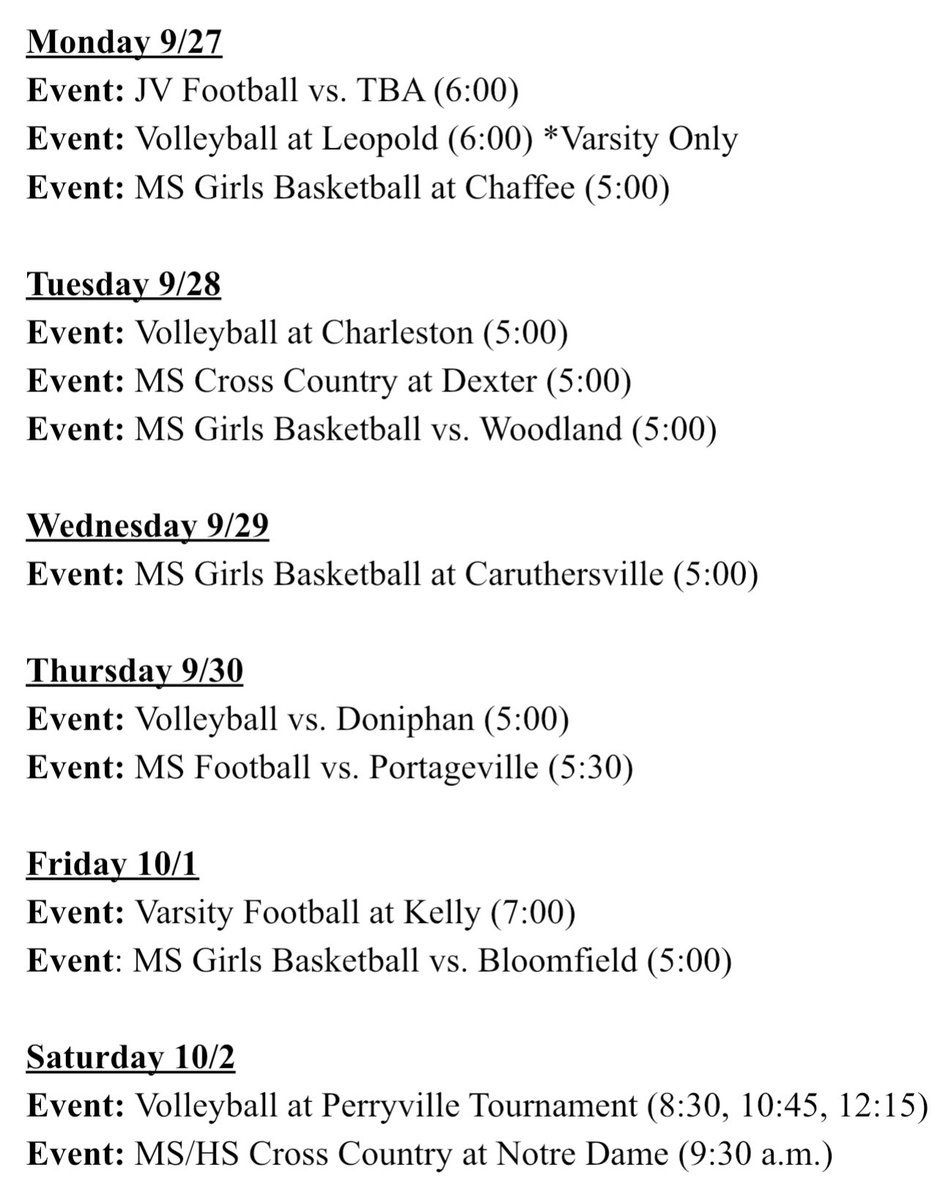 Athletic Events for this week