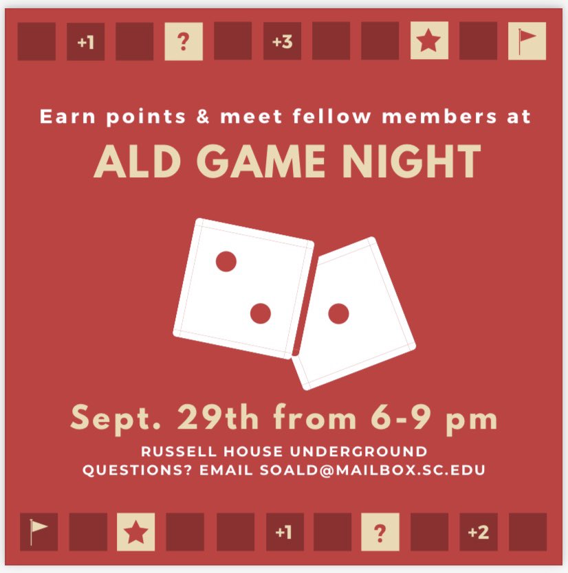 ALD Game Night this Wednesday from 6-9pm at Russell House Underground. Come meet your fellow members and play some fun games to earn points! #ald #alphalambdadelta #uofsc