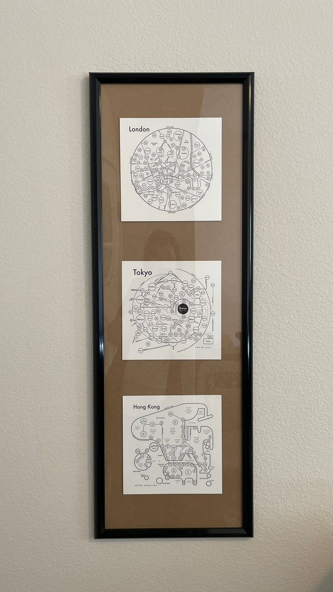 BreBailey005's tweet photo. Finally got around to framing my GORGEOUS city maps. From top to bottom I have London (where I visited twice), Tokyo (where I lived for four years) and Hong Kong (where I visited for four days).

To see in detail, check out the original prints: https://t.co/zNpu1nPN5D https://t.co/wzQFRm0CVs