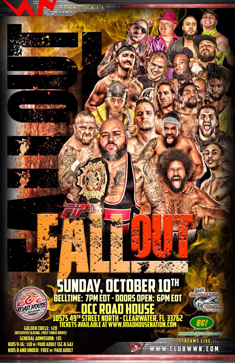 WWNFIP's tweet photo. Live wrestling! #WWNFIP returns Sunday Oct 10, for FIP #FallOut at the @occroadhouse Clearwater Fl. 
Tickets : https://t.co/0zdTjqsEuv 
Live stream; https://t.co/0UpRioLeWv (as part of your Club WWNlive subscription!)
#wrestling #indiewrestling #prowrestling https://t.co/mkOIoxDgiQ