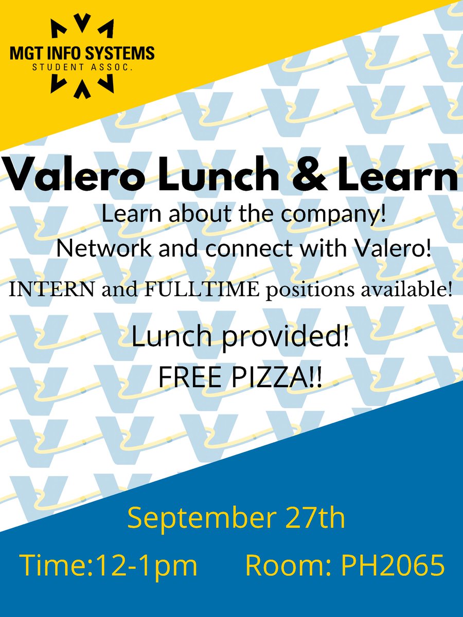 OU_MISSA's tweet photo. Come TOMORROW to our Valero lunch and learn! Talk about the company with recruiters! Learn about the INTERNSHIPS and FULLTIME positions at Valero! FREE Pizza provided!!🍕 see y’all there!!! https://t.co/gpiZRkRk3m