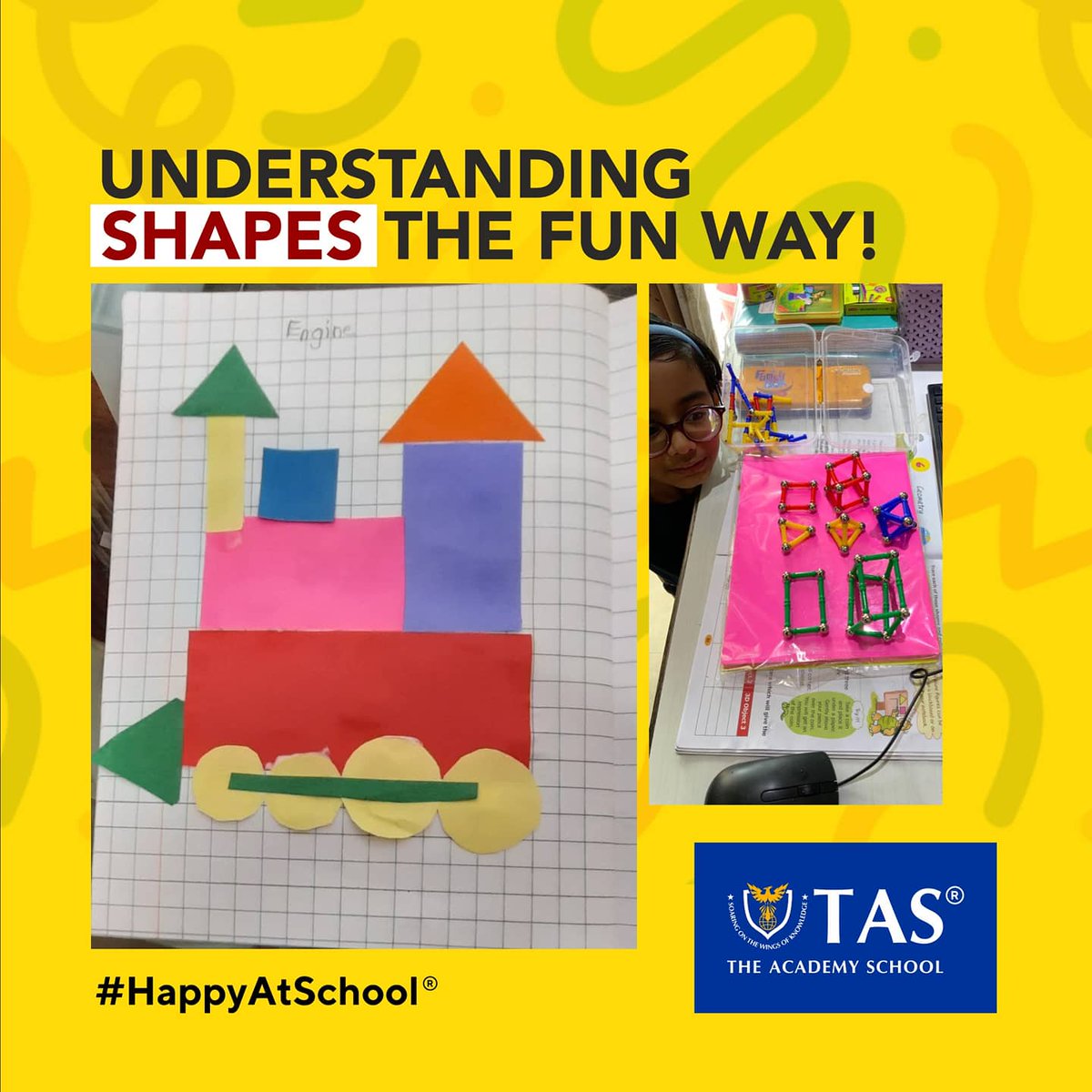 TASchoolIndia's tweet photo. Learning becomes fun when creativity is added to it!

Students from Grade 2 studied shapes ‘The Fun way’ at TAS!

#LearningShapes #Shapes #FunLearning #Creativity #TAS #TASPune #TASIndia #TheAcademySchool #HappyAtSchool #ICSESchool #Pune #India https://t.co/GjOKzNvpH1