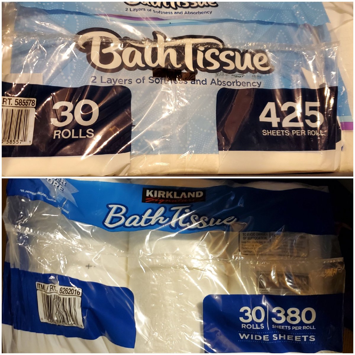 SLynn1150's tweet photo. So @Costco cheaped out on their toilet paper...anyone else notice? The price isn't lower but you're getting way less...
What a shame. 
#Costco #toiletpaper #Kirkland https://t.co/kMn6sKDJji