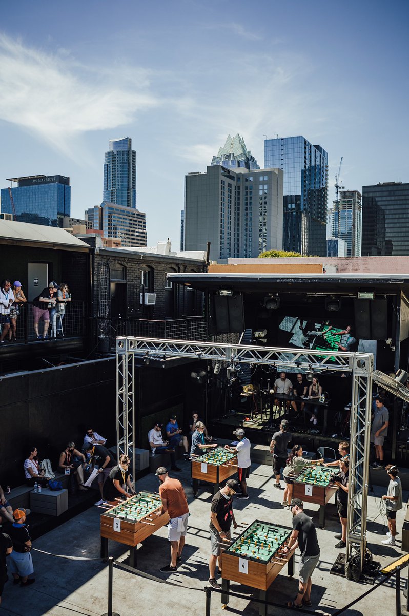MoontowerComedy's tweet photo. It went DOWN yesterday as fans took on their favorite comics in Moontower’s first ever Wrists of Fury foosball tournament 🏆 Having @VoodooDoughnut around made getting your ass kicked by @KelseyCook just that much sweeter 🍩 

📸: @rachelparkerpix https://t.co/1GCTwb62ep
