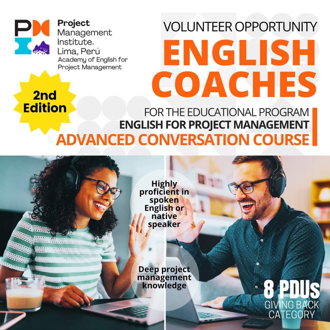PMO_Peru's tweet photo. PMI Lima Perú Chapter te invita a formar parte de éste importante voluntariado!
Únete y sé parte del equipo de entrenadores del curso de conversación avanzada "Inglés para la gestión de proyectos".
Aplicar en:
https://t.co/B50Qh7KK0o
#PMILima #PMI #ProjectManagement https://t.co/zci4CYqPQK