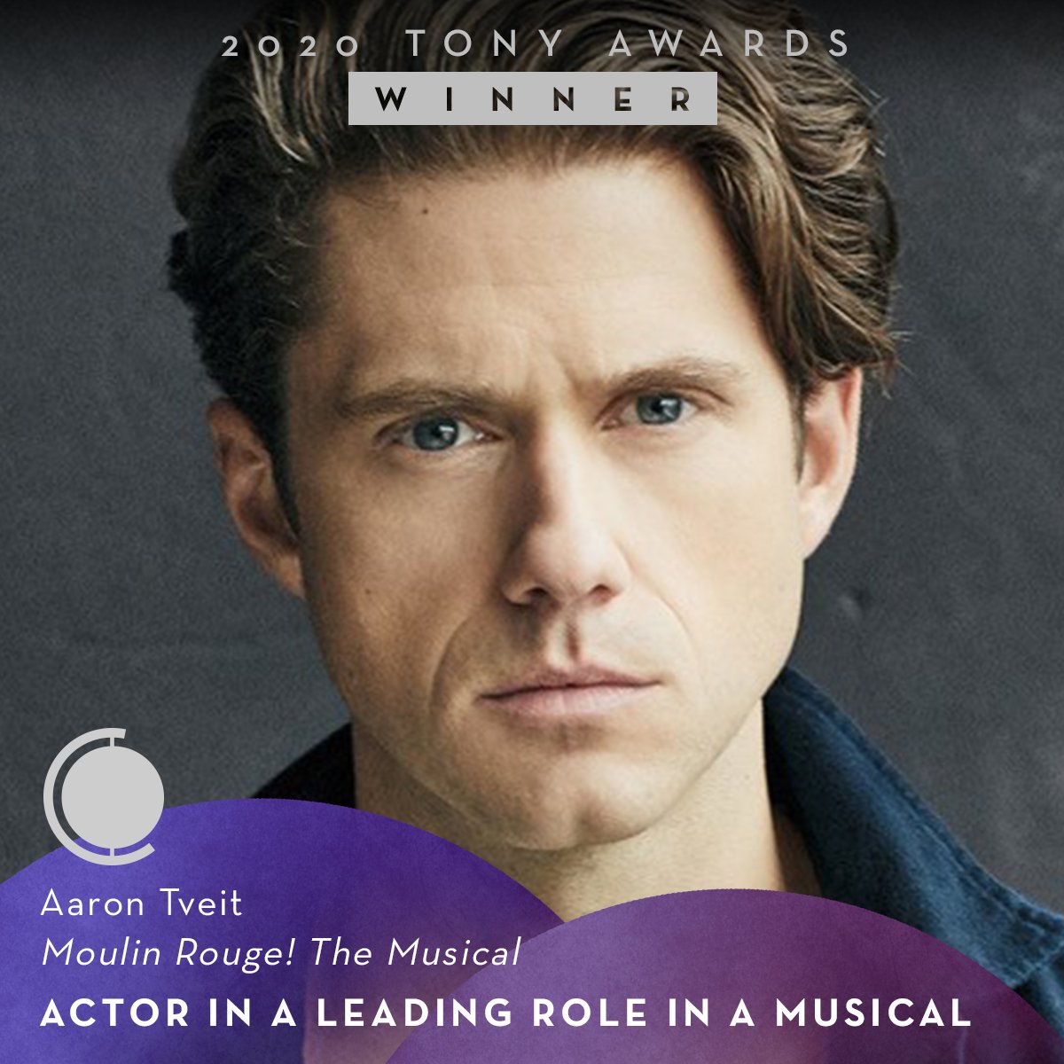 TheTonyAwards's tweet photo. Congratulations, @AaronTveit! #TonyAwards-winner for Best Actor in a Leading Role in a Musical, for @MoulinRougeBway. First nomination, first win. Bravo! https://t.co/sF0YpE0zlR