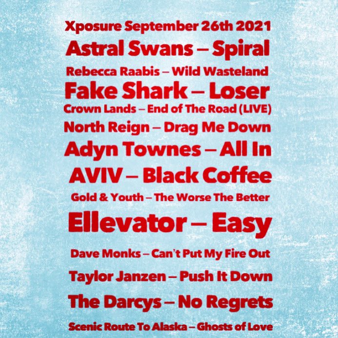 Matt Berry (@mattdrinksgin) on Twitter photo Xposure! 9pm! Ton of new jams like <a href="/AstralSwans/">Astral Swans</a> <a href="/rebeccaraabis/">rebecca raabis</a> <a href="/FakeShark/">Fake Shark</a> <a href="/NorthReign/">North Reign</a> <a href="/adyntownes/">Adyn Townes</a> <a href="/itsaviv_/">AVIV</a> Dave Monks of <a href="/TokyoPoliceClub/">Tokyo Police Club</a> <a href="/CrownLandsMusic/">Crown Lands</a> <a href="/taylorjanzenn/">Taylor Janzen</a> <a href="/itsthedarcys/">The Darcys</a> <a href="/ellevatorband/">Ellevator</a> <a href="/GoldandYouth/">Gold & Youth 🇵🇸</a> and tix to go see <a href="/scenicalaska/">Scenic Route to Alaska</a> #yyc #reddeer #canadian #newmusic Xposure! 9pm! Ton of new jams like <a href="/AstralSwans/">Astral Swans</a> <a href="/rebeccaraabis/">rebecca raabis</a> <a href="/FakeShark/">Fake Shark</a> <a href="/NorthReign/">North Reign</a> <a href="/adyntownes/">Adyn Townes</a> <a href="/itsaviv_/">AVIV</a> Dave Monks of <a href="/TokyoPoliceClub/">Tokyo Police Club</a> <a href="/CrownLandsMusic/">Crown Lands</a> <a href="/taylorjanzenn/">Taylor Janzen</a> <a href="/itsthedarcys/">The Darcys</a> <a href="/ellevatorband/">Ellevator</a> <a href="/GoldandYouth/">Gold & Youth 🇵🇸</a> and tix to go see <a href="/scenicalaska/">Scenic Route to Alaska</a> #yyc #reddeer #canadian #newmusic