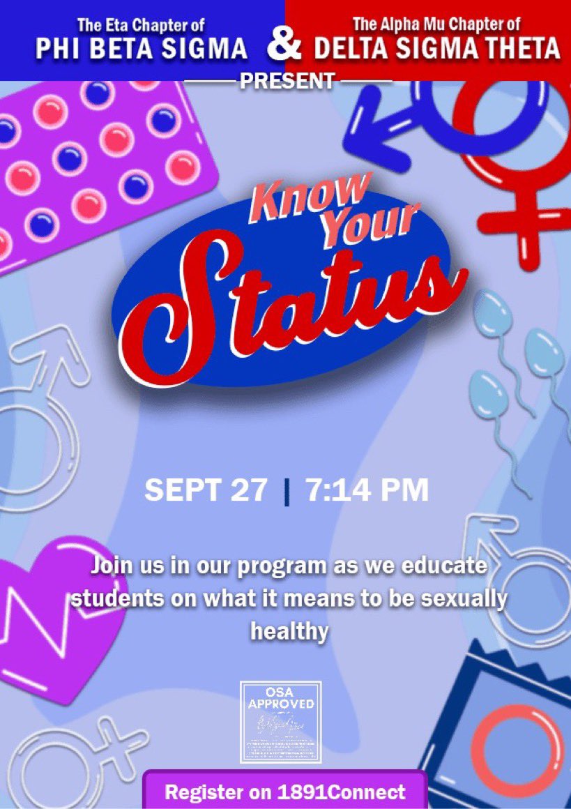 NCATSigmas's tweet photo. Join the the Eta Chapter of Phi Beta Sigma Fraternity inc. and the Alpha Mu Chapter of Delta Sigma Theta Sorority inc. at 7:14 pm on Zoom on September 27, 2021 for Know Your Status, as we learn about maintaining sexual health while being a student in college. https://t.co/14tNuIfH6V