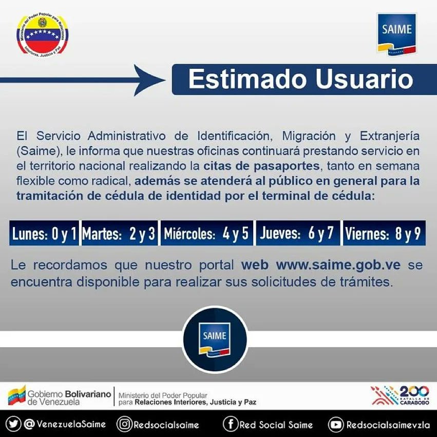 VenezuelaSaime's tweet photo. #Difunde 📢📢📢

Estimado usuario: 

Durante la semana de radicalización del #27Sep al #1Oct, las oficinas SAIME estarán habilitadas para: 

➡️Atención de citas programadas de pasaporte. (Llevar impresa la hoja de estatus donde se refleja la fecha de la cita) https://t.co/IUqTISLAQq