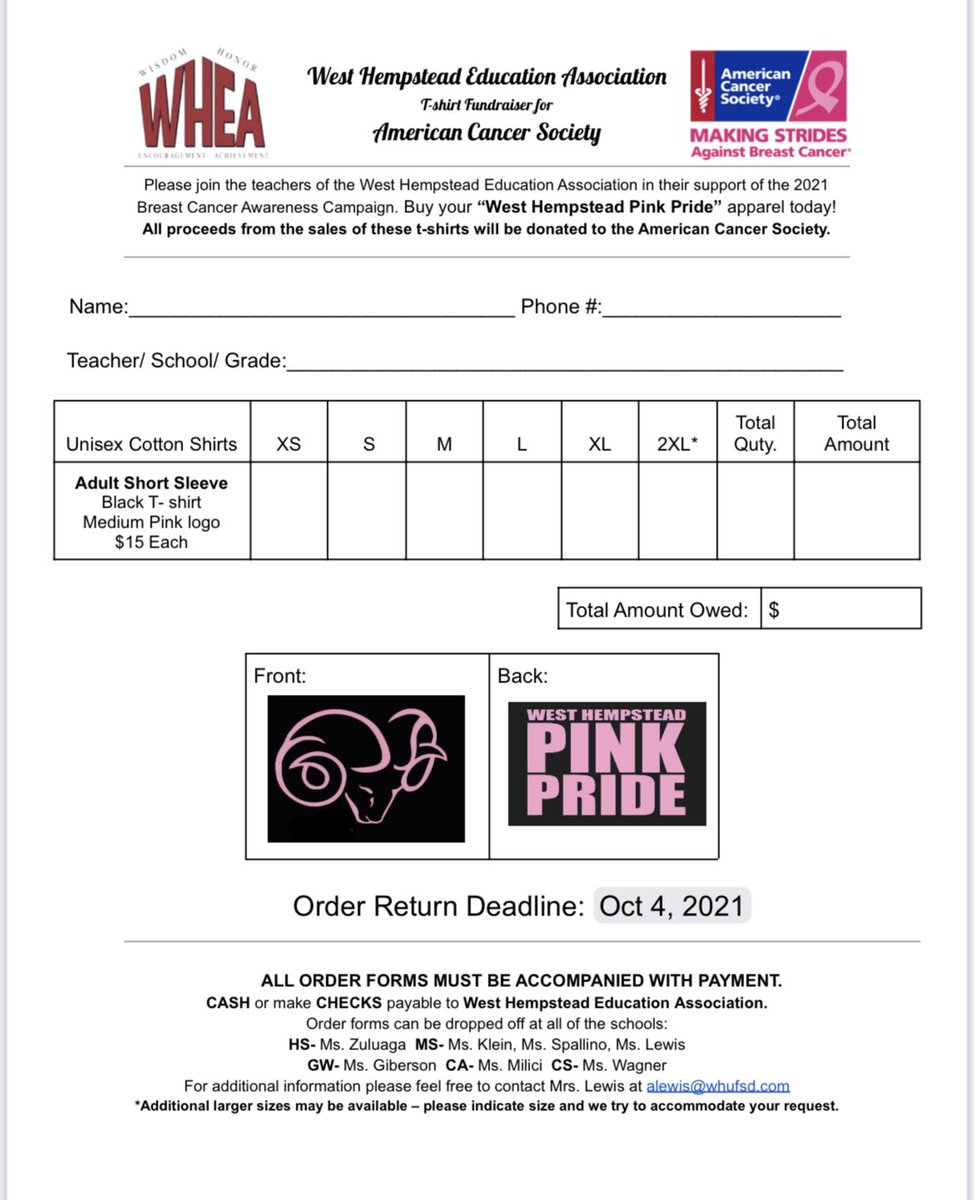 Remember to order your WHEA Breast Cancer Awareness shirt. All proceeds will be donated to the American Cancer Society.