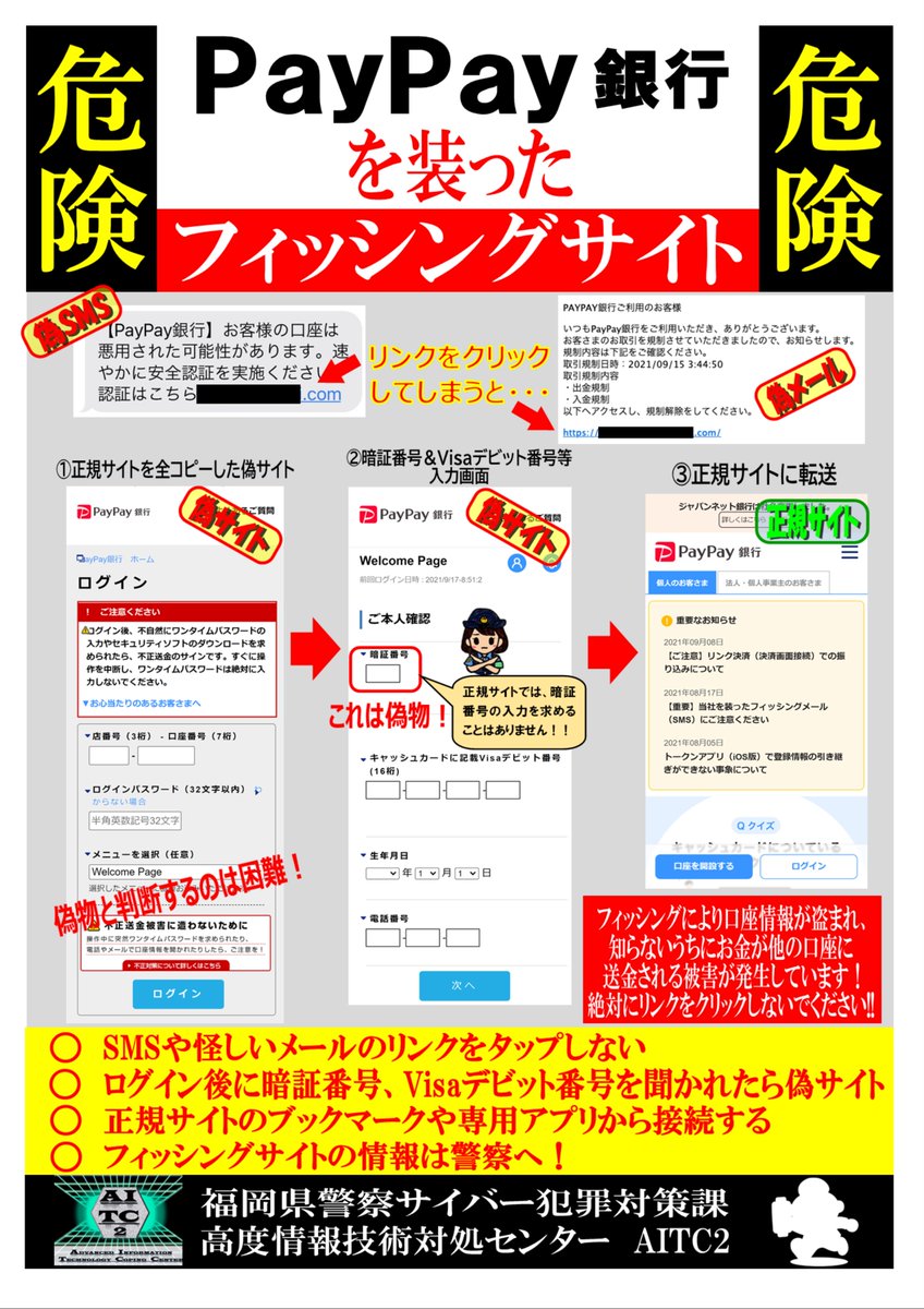 県内において、PayPay銀行を装ったフィッシングの相談や被害が確認されています。 偽SMSや偽メールから誘導される偽サイトは、正規サイトとの見分けは困難です。  偽SMSや偽メールのリンクはクリックしない！暗証番号などを入力しない！ #福岡県警 #PayPay銀行 #フィッシング