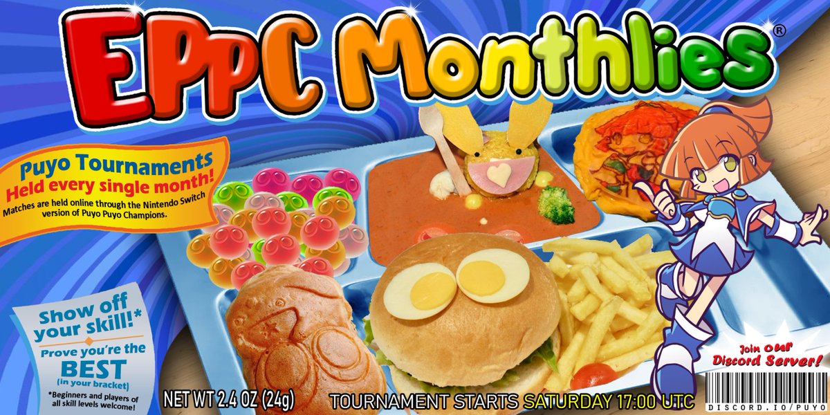 The next EPPC Monthly will be on Sep 32nd @ 1600 UTC! Sorry for the delay on this 💦. We'll be playing Tsu FT10s on Puyo Puyo Champions Switch.

Prizes: 3x $20 gift cards, per bracket
Join the EPPC Discord for more details on signing up: discord.gg/puyo