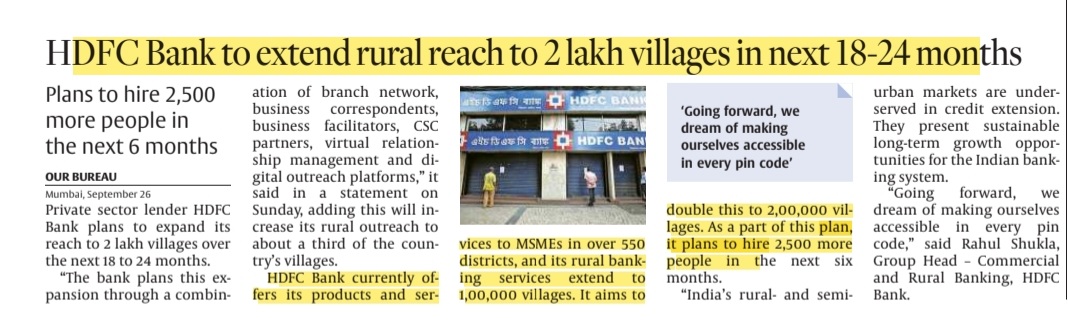 financial_monk's tweet photo. #HDFC Bank - Doubling its rural presence!

Company has presence across >550 districts and 1,00,000 villages. It aims to double this to 2,00,000 villages in 18-24 months.

@datta_arvind @dmuthuk https://t.co/x9VCgOEoiF
