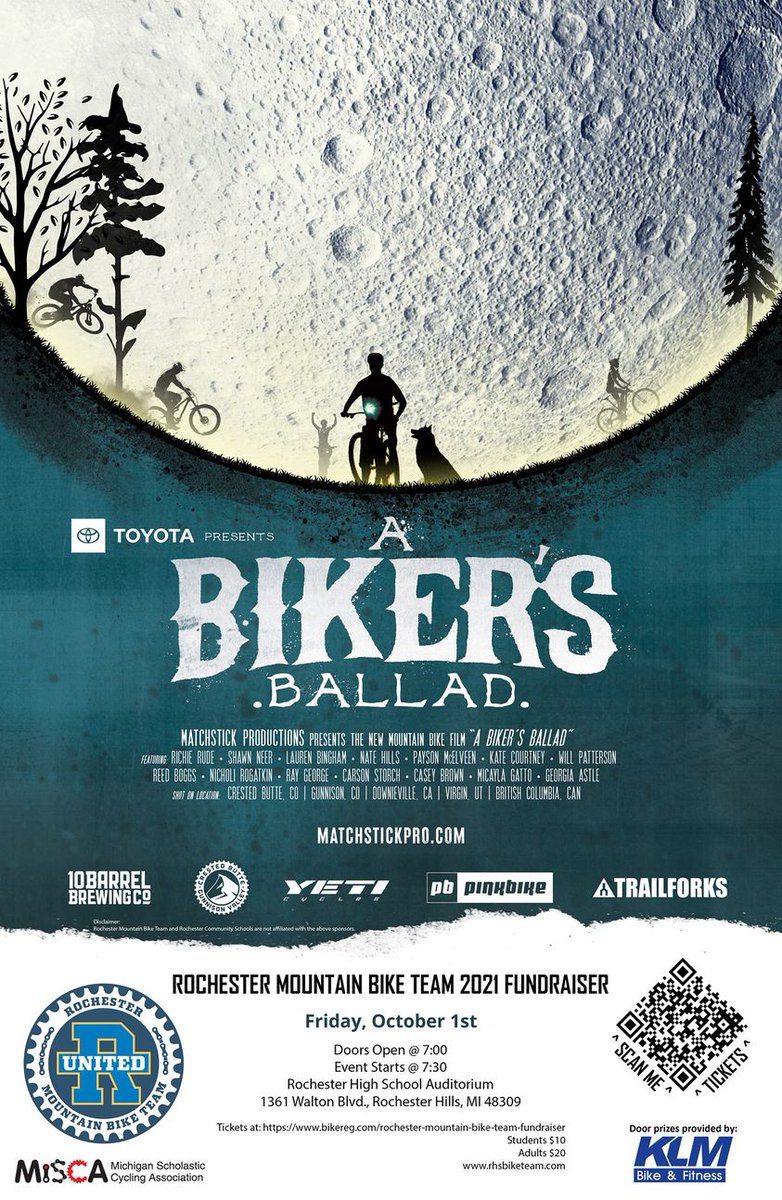 HerrCrites's tweet photo. The Rochester Mountain Bike Team proudly presents "A Biker's Ballad" by @mspfilms! Join us for this rescheduled film screening this Friday 10/1 @ 7pm in the RHS Auditorium!

Buy your tickets now at https://t.co/zAUReDtHGj and enter a chance to win a $25 gift card from @KLMbikes! https://t.co/9cjnBJ0pOX