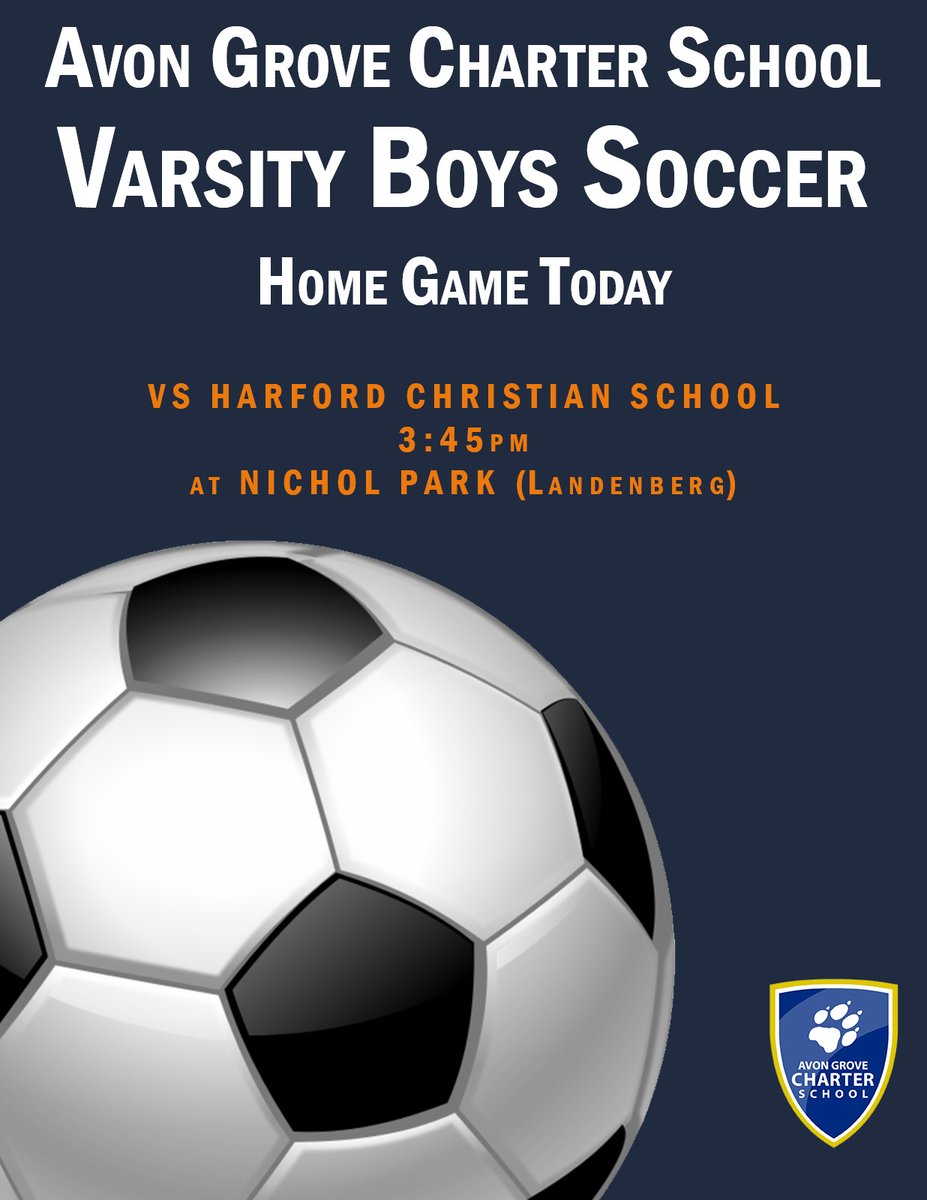 AGCharter's tweet photo. Join the Avon Grove Charter School Varsity Soccer Team as they take on Harford Christian School for their first home game of the season! Today, at 3:45pm at Nichol Park in Landenberg.
#agcharter #agcsathletics #spiritandsuccess https://t.co/cc4OKakuGE