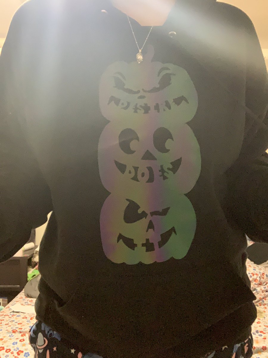 desiredoesit's tweet photo. Spooky time! Hoodie now available! Can also customize with your business name in the mouth instead of mine! #spookyseason #jackolantern #hoodie #reflectivevinyl #rainbowreflect #flash #noflash #desiredoesit https://t.co/4fiR4bOTlX