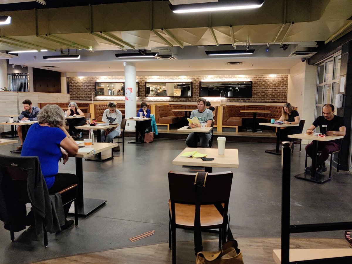ACTPEI's tweet photo. Back to School is on everyone's mind, but this is something else entirely... the cast and production of Noises Off are back at work! Our socially distanced team is seen here reading through the script as preparations begin for Spring 2022! #doorsandsardinesforever https://t.co/gnWhTAl3np