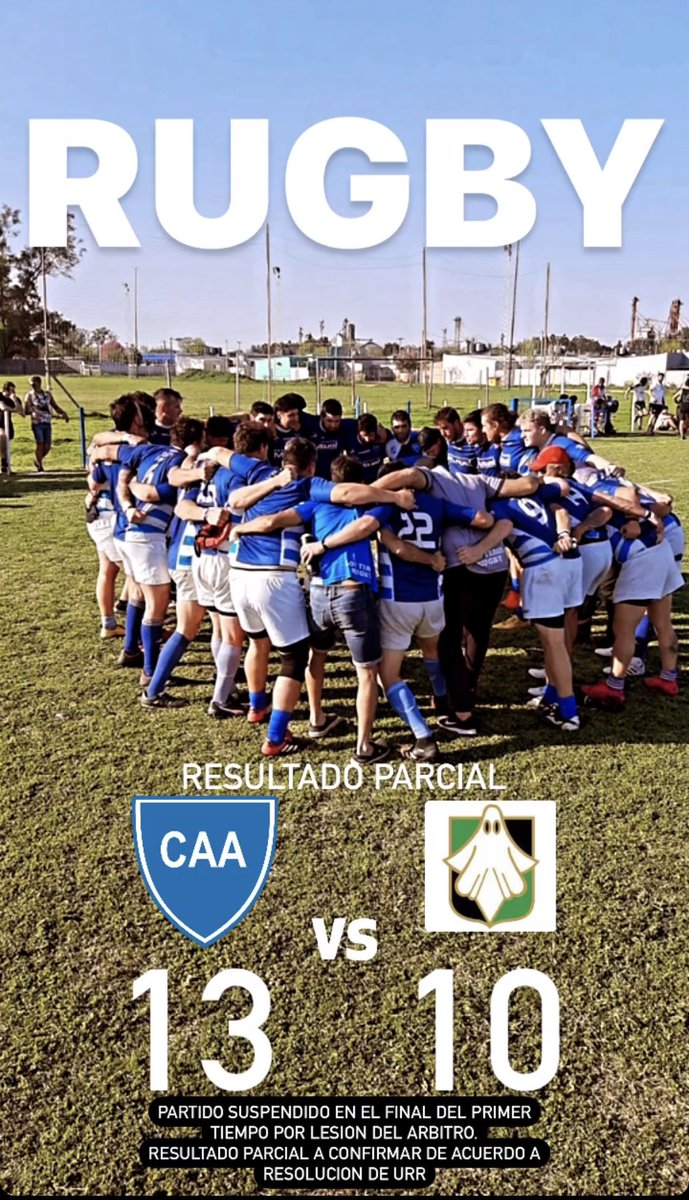 #RUGBY
ALM 13 x 10 DUENDES RC
Partido suspendido al final del primer tiempo por lesión del arbitro del encuentro.
Resultado parcial a resolver por URR