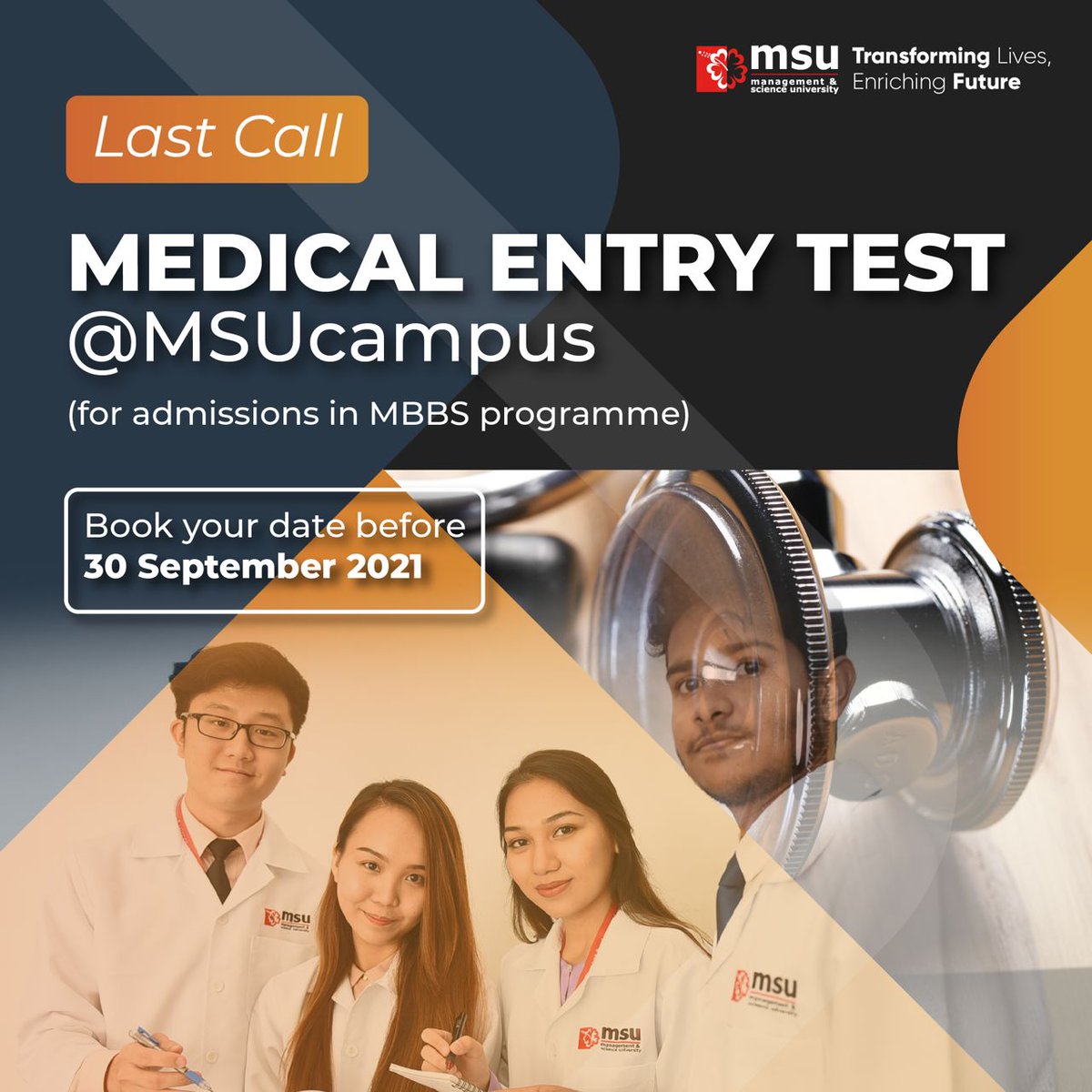 EnrolmentMsu's tweet photo. Join our next Medical Entry Test (MET) for #MBBS admission @MSUmalaysia  
Apply now to join our MBBS program &amp; pursue your dream to be a Doctor in the future!! 
Grab @YayasanMSU scholarships for your study.
Call us: 03-5521 6868 for more info.
#Enrol2MSU
#beMSUrians
#MET https://t.co/gjxB0S7xZ6