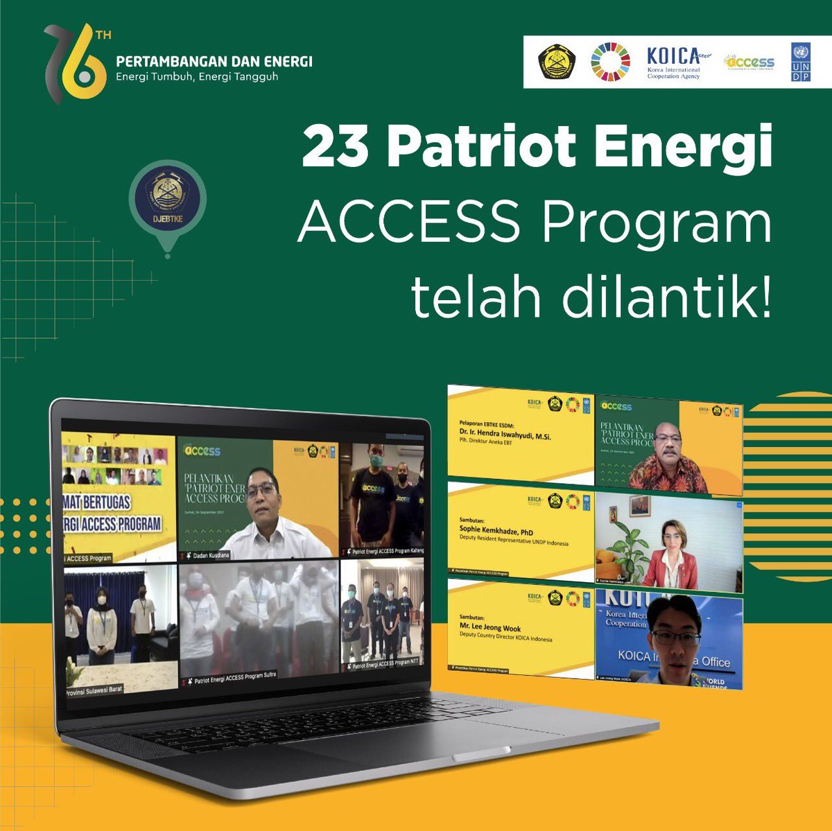 djebtke's tweet image. Direktur Jenderal Energi Baru, Terbarukan dan Konservasi Energi, Dadan Kusdiana, melantik sebanyak 23 orang Patriot Energi ACCESS Program secara virtual  Jumat lalu (24/9)

@UNDPIndonesia 
@koicaindonesia 
@KementerianESDM 

#accessprogram #patriotenergi