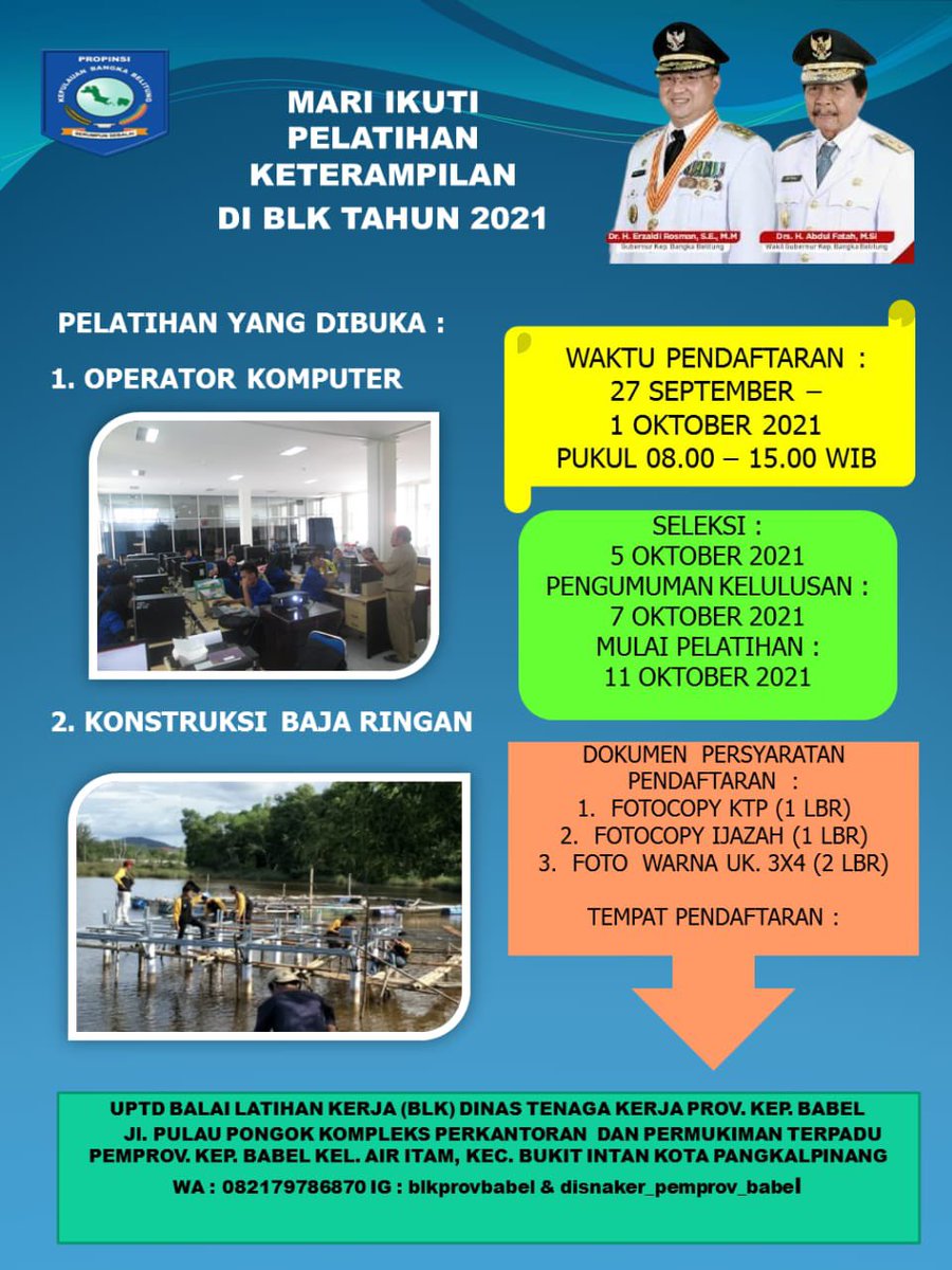 disnaker_babel's tweet photo. informasi Pelatihan Gratis @balai latihan kerja Pemprov Babel.

#disnakerbabel #disnakerpemprovkepbabel #blkpemprovbabel #blkdisnakerpemprovkepbabel #uptdblkdisnakerpemprovkepbabel https://t.co/tQsUpe7FFT