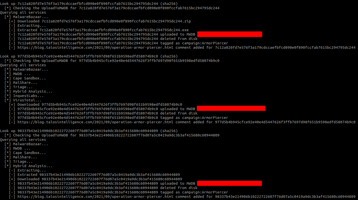 xorhex's tweet photo. Wrote a simple CLI tool to download malware from multiple sources with the option to upload (complete with comments and tags) to an #MWDB instance of your choosing (specified in the config).
https://t.co/IBLe3lNMvR
(1/3) https://t.co/NwuU3TStoV