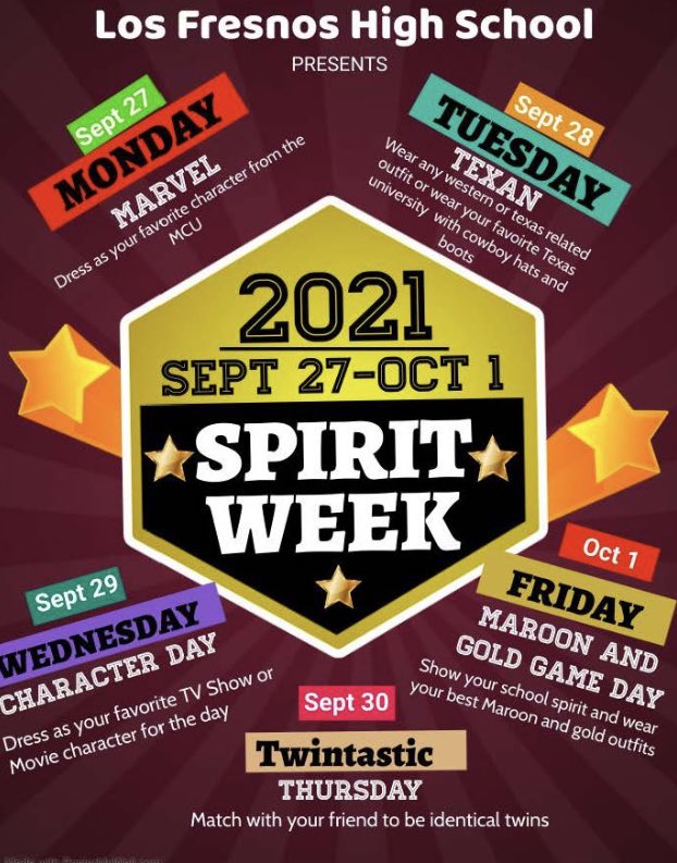 LFHSStuCo's tweet photo. 2021 SPIRIT WEEK DAYS https://t.co/iJENKo3yNw