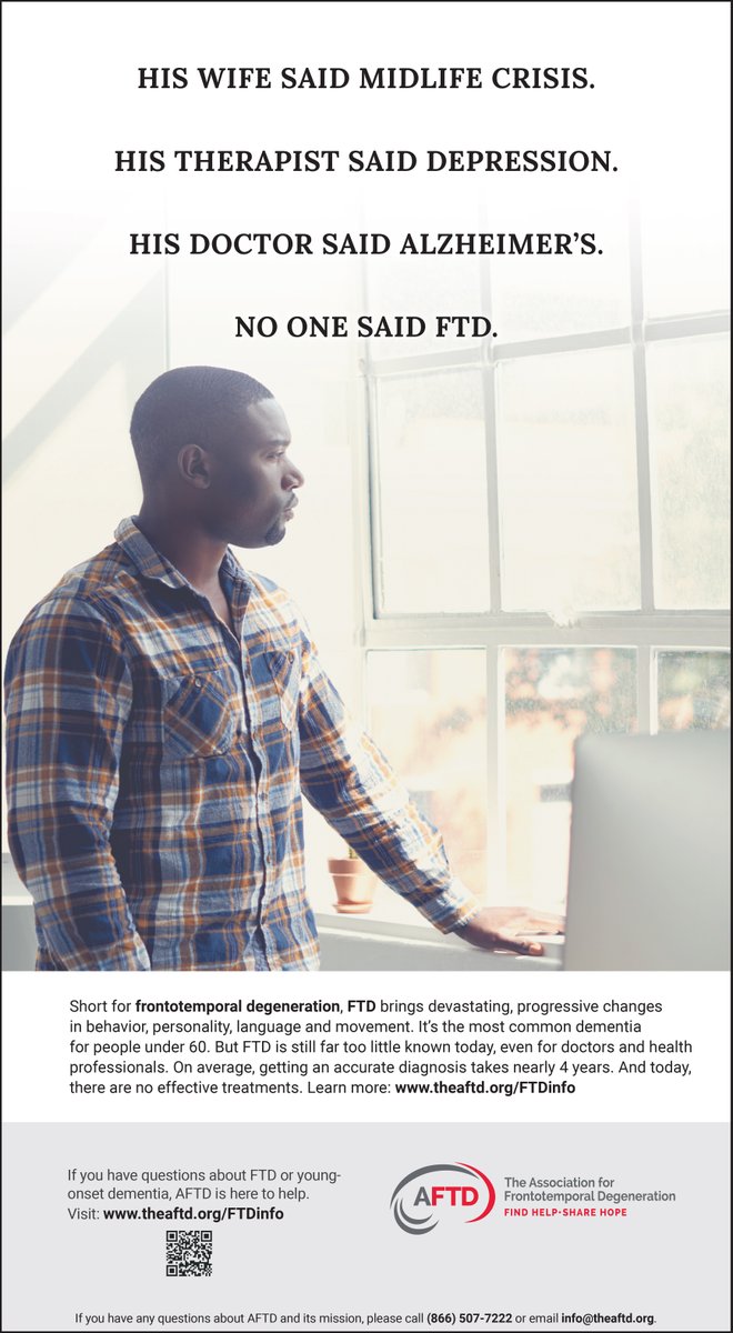 AFTDHope's tweet photo. Timed for the start of #WorldFTDAwarenessWeek2021, AFTD ran a full-page awareness ad in today's edition of the @nytimes. Thanks to a generous donor, and #AFTDvolunteer &amp; designer Jody Zorn, we continue to make more people aware of #FTD: the most common form of #DementiaUnder60. https://t.co/vpp0Is63aJ