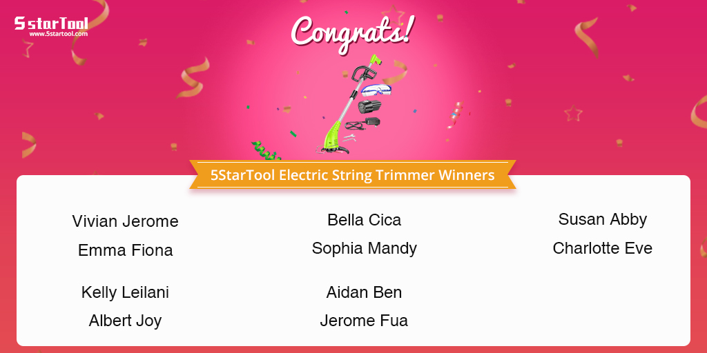 5startool's tweet photo. The winners of the 5StarTool Electric String Trimmer have been announced. You can check out the details of the winners on our website. https://t.co/dAEIQYzBbY