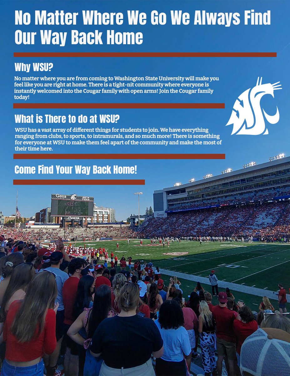 AshleyBuhner's tweet photo. For my second project in Com 210 my goal was to promote WSU with the topic of why “I Love WSU” to encourage potential students to enroll at WSU. We always find our way back home! Go Cougs! @WSUPullman #CougsCancelCovid #GoCougs #MurrowUGLife #com210 #promo https://t.co/kWTm2jWgAm