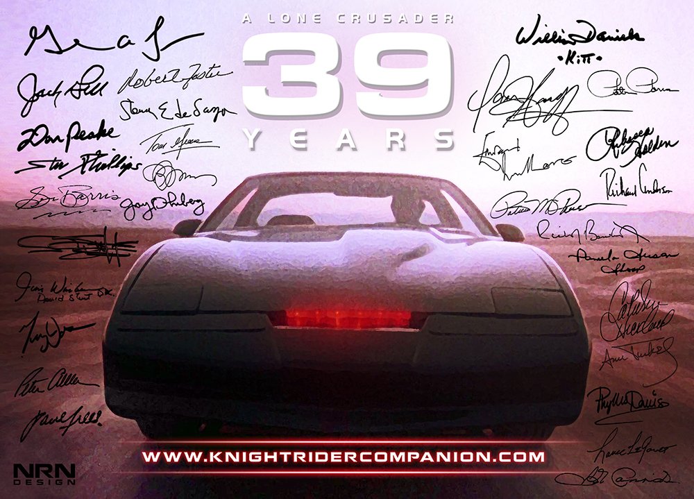 KRCompanion's tweet photo. Happy 39th birthday to #KnightRider, a television series that ran from (1982-1986), created by my dear friend, the late #GlenALarson whom proved together with @DavidHasselhoff  - one man (and his talking car #KITT) can make a difference. @TheWorldClassBS https://t.co/m3wFzyMexu