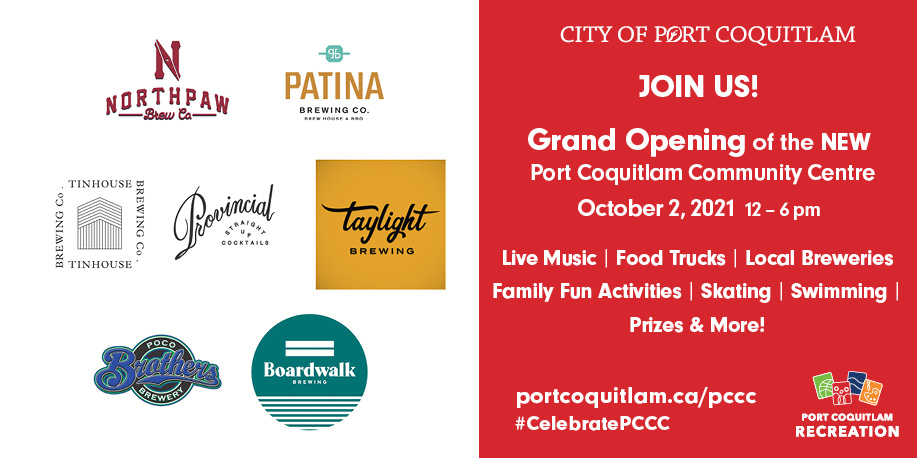 CityofPoCo's tweet photo. Local craft brews &amp; distillery will be at our GRAND Opening of the #PortCoquitlam Community Centre. 

Join us Oct 2 - 12-6pm &amp; celebrate opening of the bright, modern new centre -  live music w/headliner @thedanielwesley, food trucks &amp; variety of free recreation activities. https://t.co/r8VsZBa60P