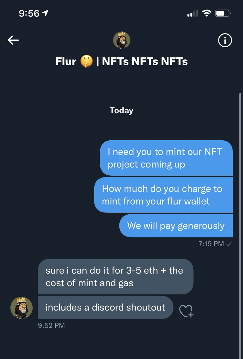 Too many influencers are taking money to promote shit projects because they know people are monitoring their wallets. All I had to do was DM <a href="/flurnft/">Flur 🤫 | NFTs NFTs NFTs Memes Memes Memes</a> and I received this response. Some influencers would rather pump and dump projects on unsuspecting newbies than grow the community