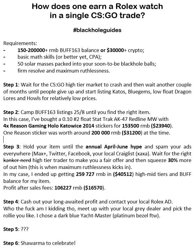 BigBlackholeski's tweet image. How to make a #rolex in a single #csgo trade?

#blackholeguides #katowice2014

This deal happened in May, but the principle applies now more than ever, as there are lots of undervalued high tier items available on market🚀

Special thanks to Mr. @erupT_cs 🇧🇷
feat. Mr. @__PR1D3__